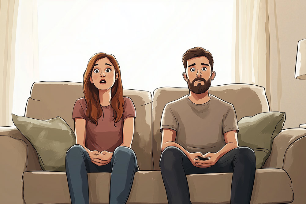 Illustration of a sad, serious couple sitting on a sofa together.