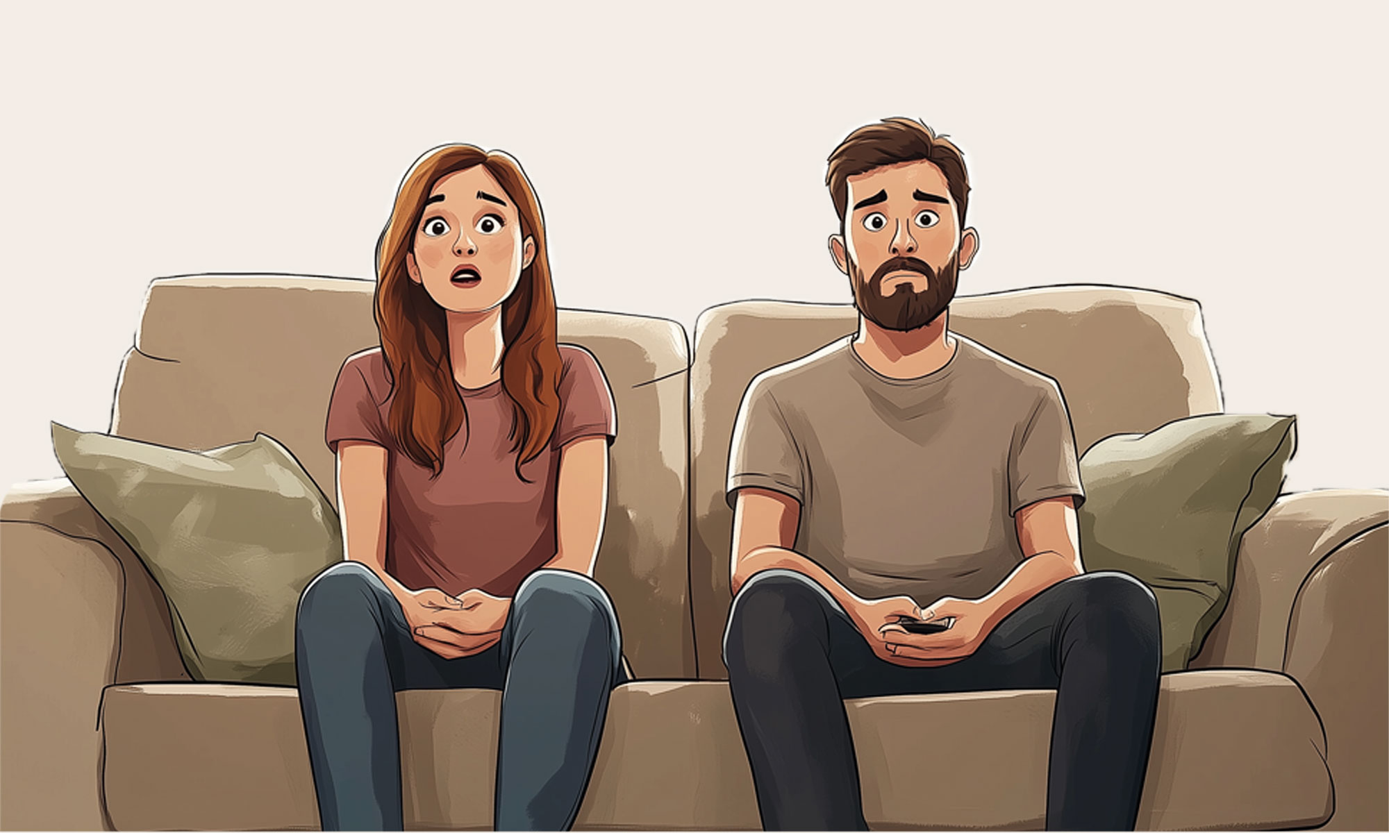 Illustration of confused, serious couple sitting on a therapist's sofa together.