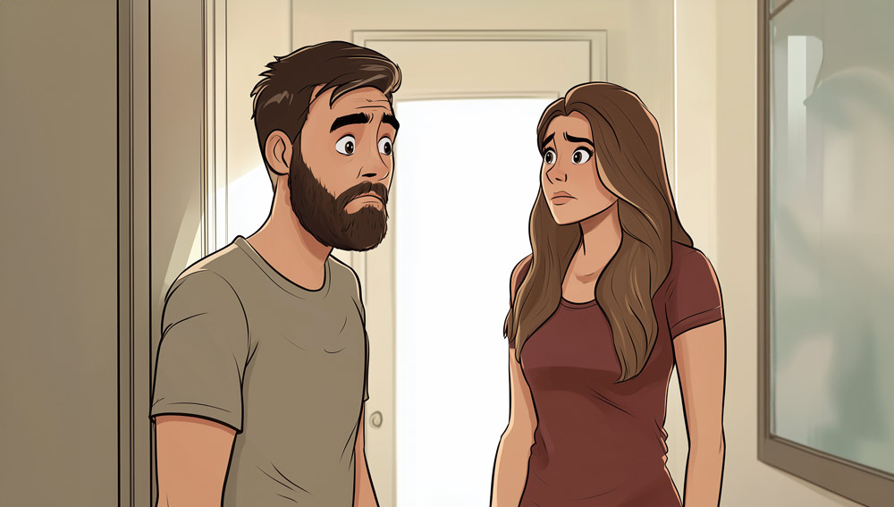 Illustration of unhappy couple facing each other by their front door.