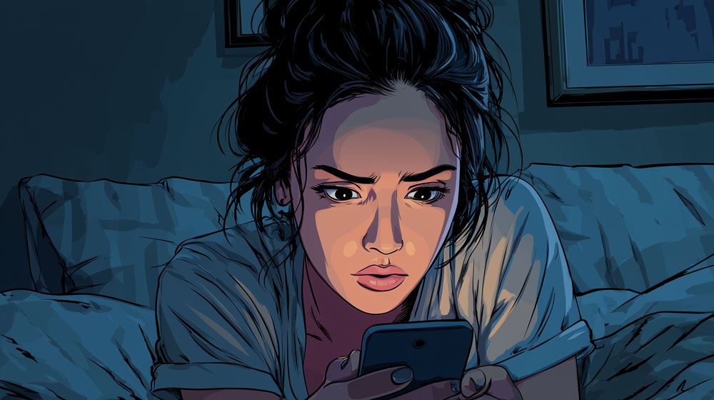 Illustration of a young woman looking at her phone at night