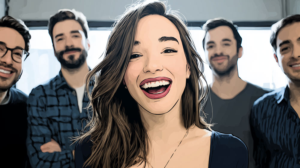 An imagined scene of a laughing woman surrounded by men