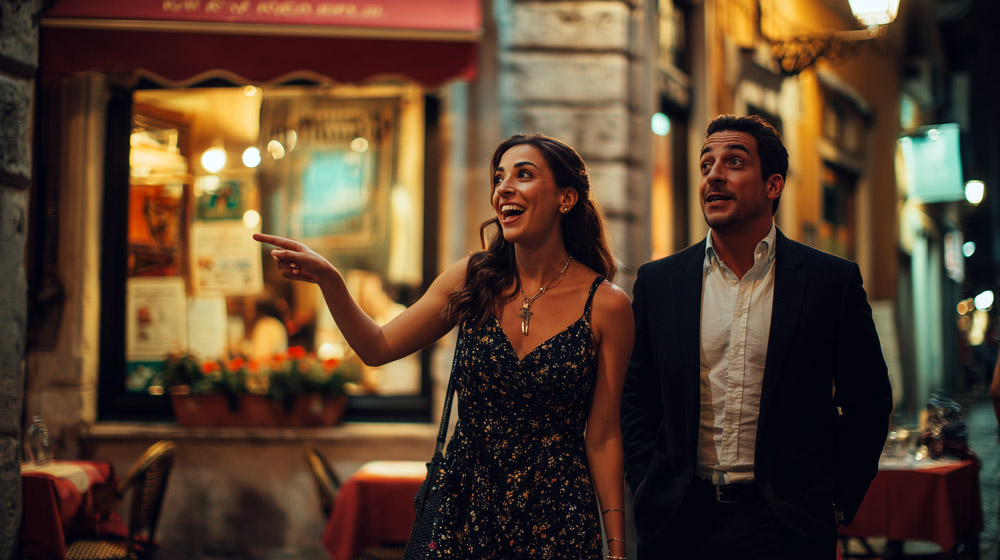 A married couple on date night. She is pointing and laughing.