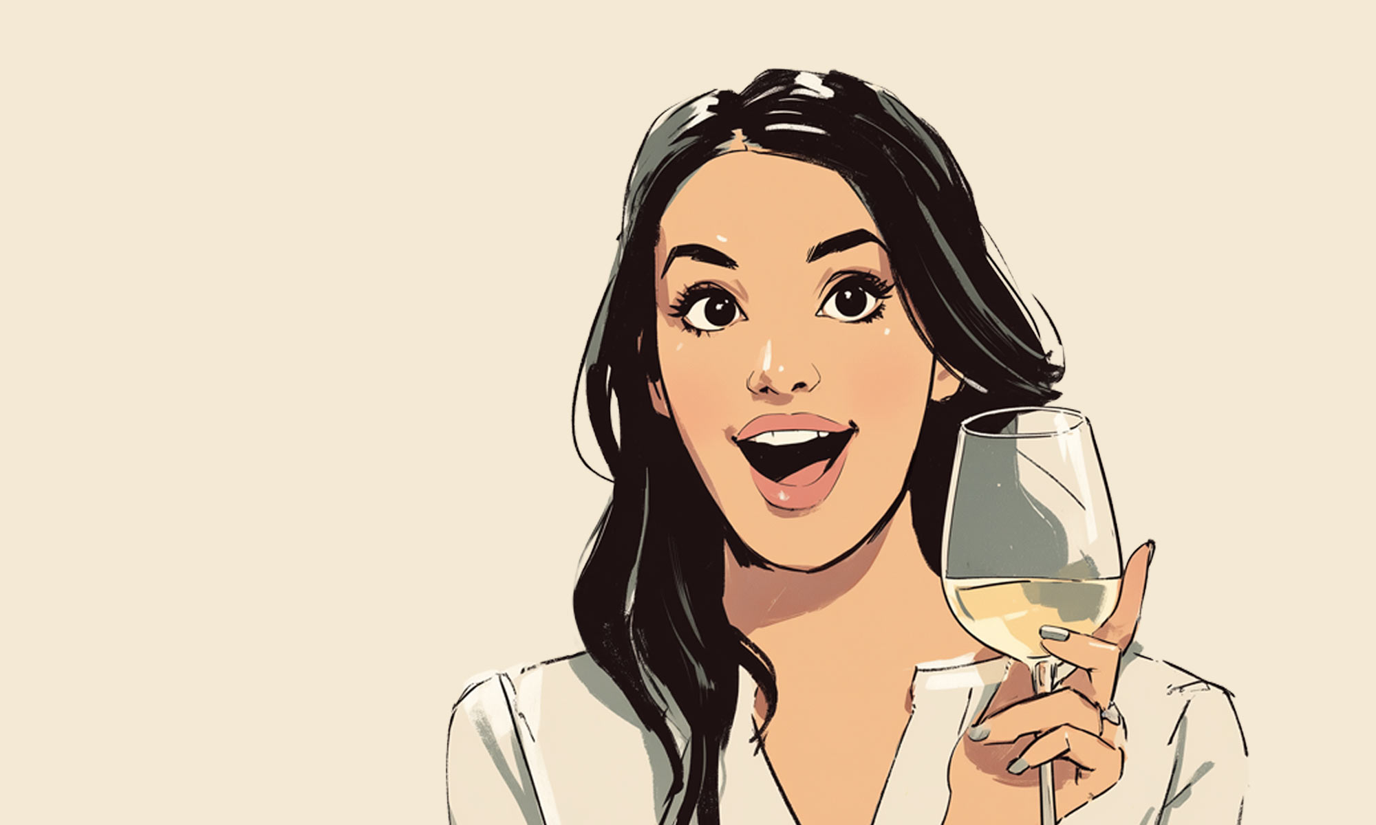 An excited young woman speaking and holding a glass of wine