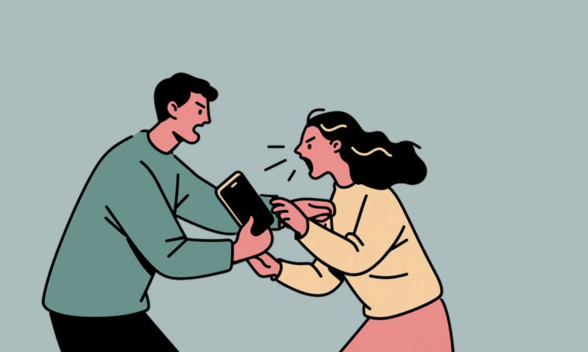 An angry couple fighting over a phone