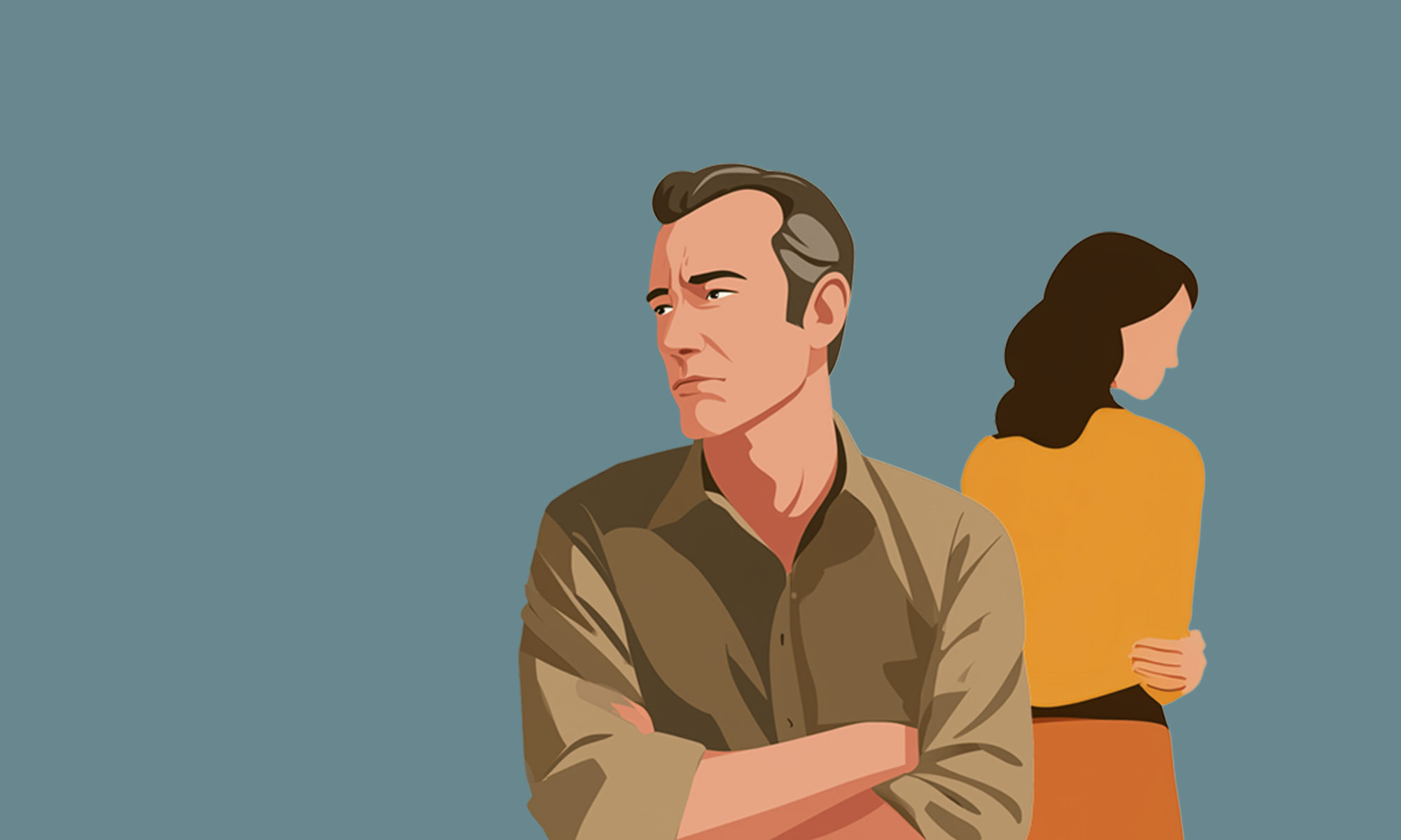 A man with a confused, sad expression, his wife in the background