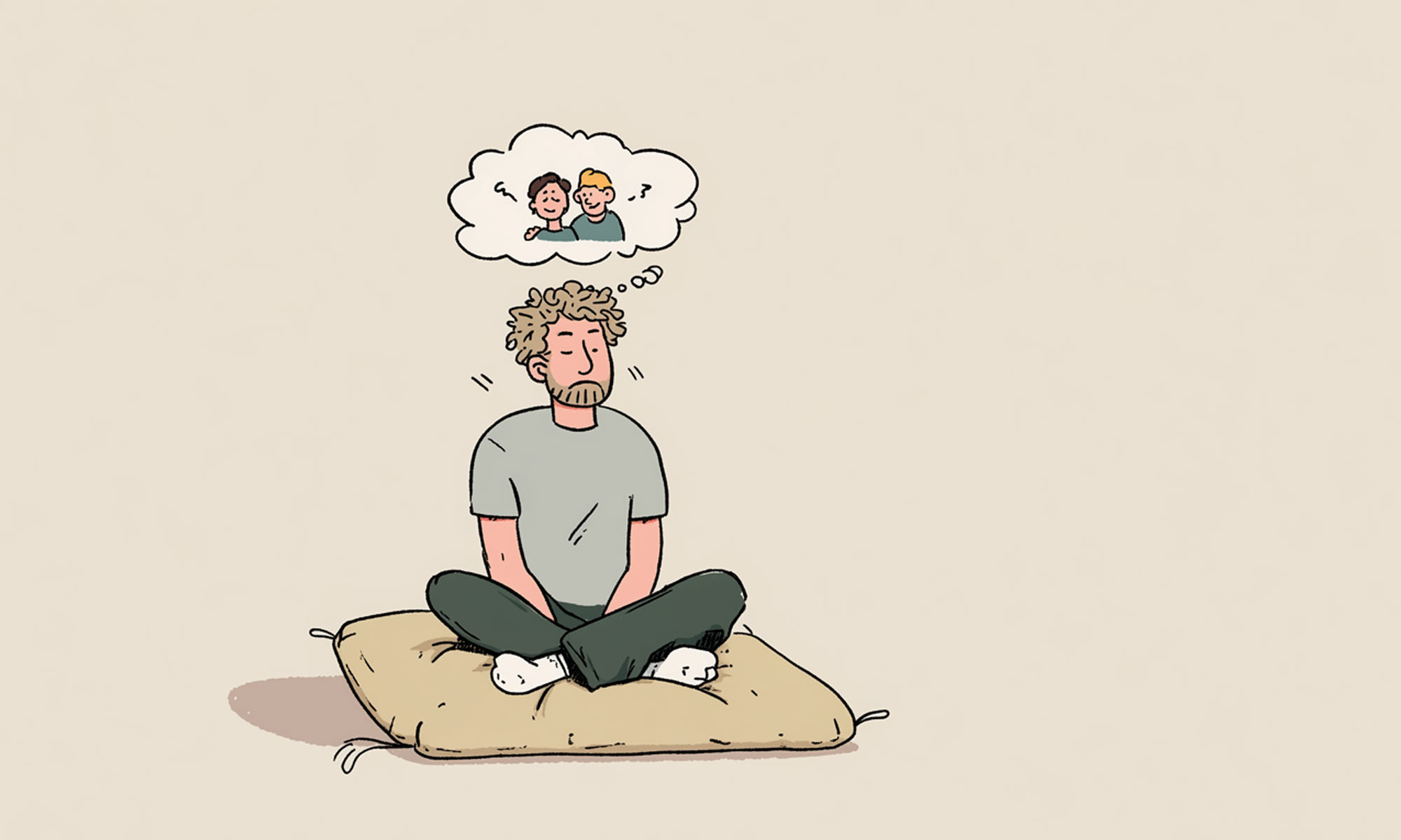 Man meditating on a cushion, distracted by retroactive jealousy thought cloud