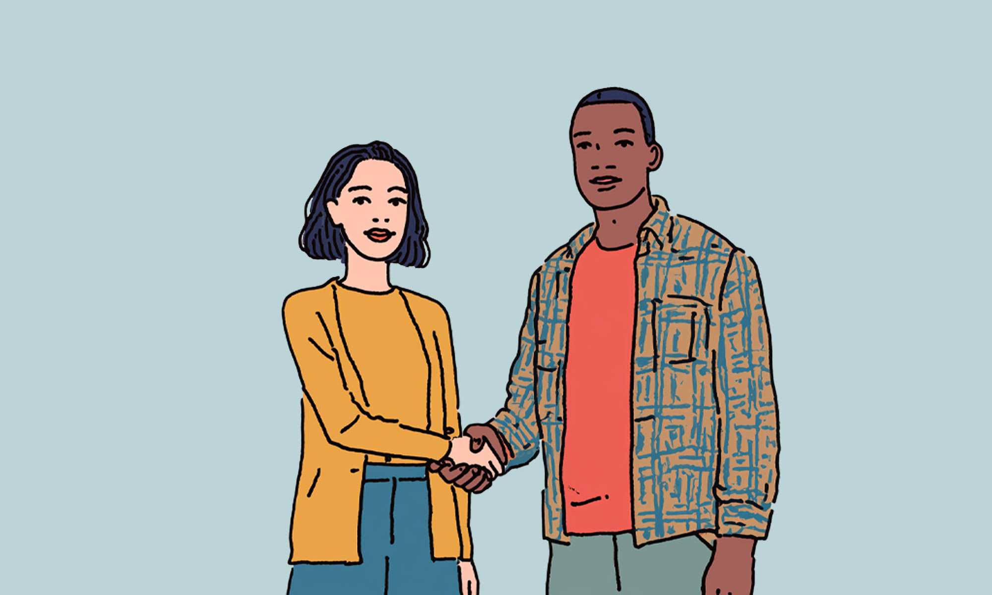A couple shaking hands and agreeing not to talk about their past