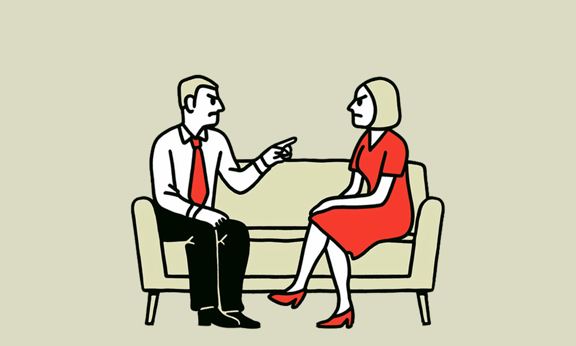 A couple sitting on a therapist couch, the man points unhappily