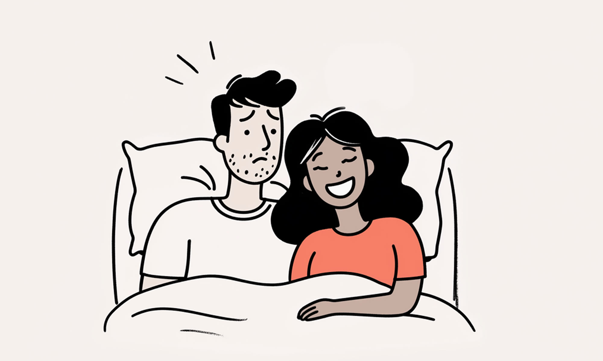 A couple in bed; she looks happy but he's worried.