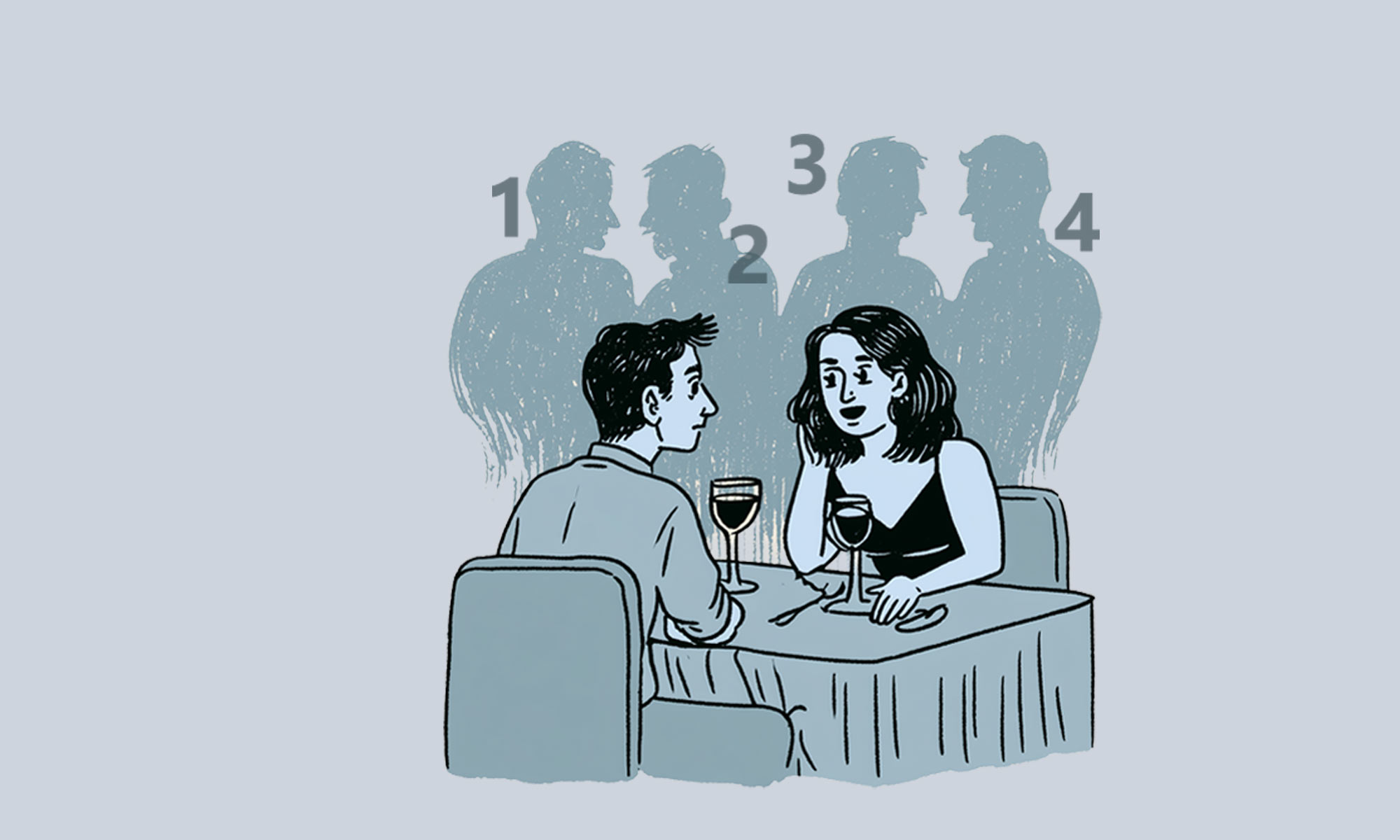 A young couple having a dinner date, with silhouettes of men in the background.