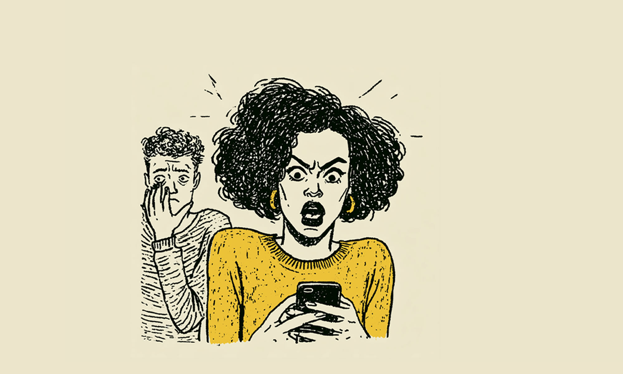 Woman looking at her phone with a shocked expression, worried boyfriend in the background