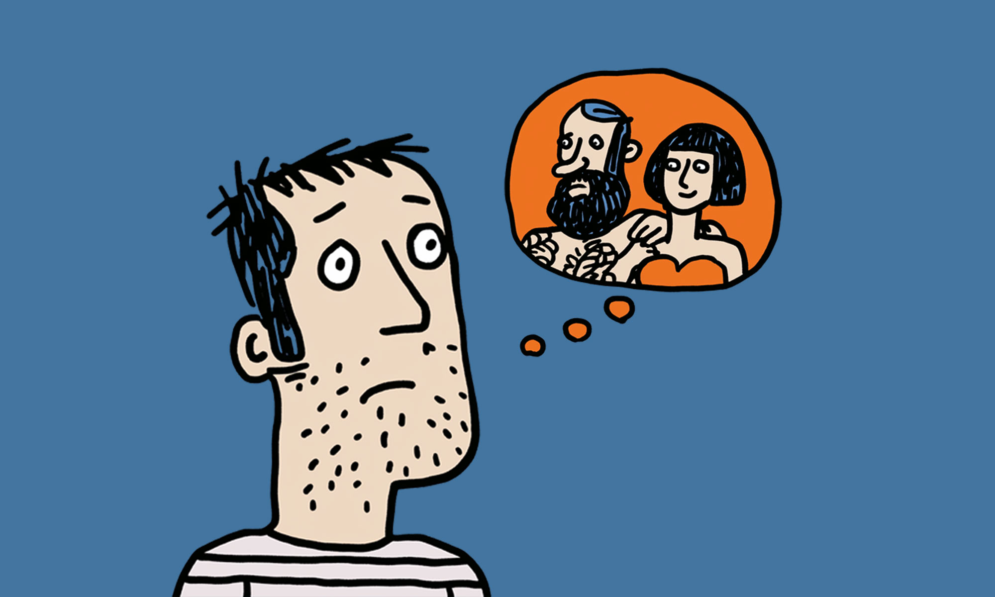 A man with a thought bubble about his girlfriend and another man