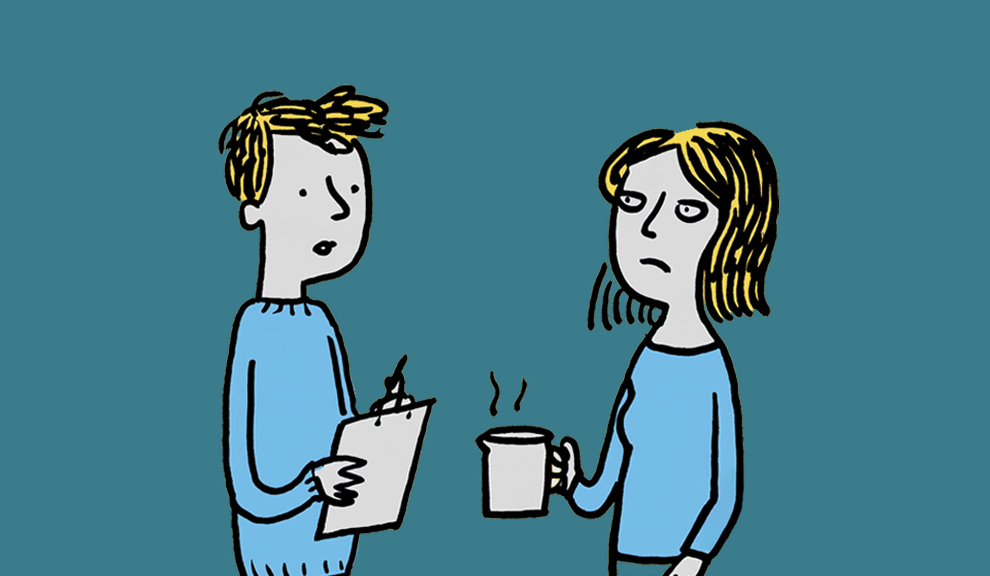 Cartoon of a man with a clipboard interrogating his wife