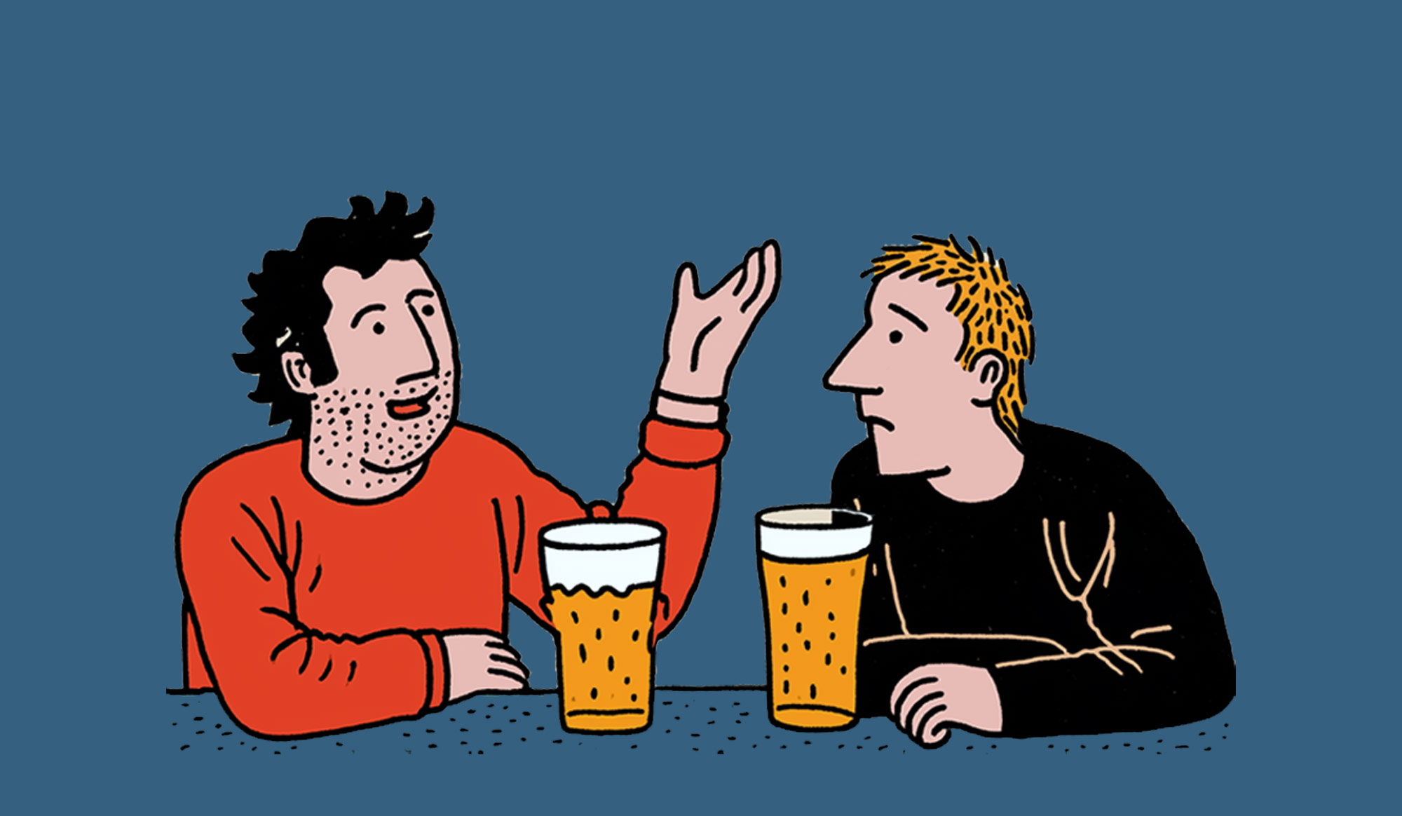 Two men talking over beers.