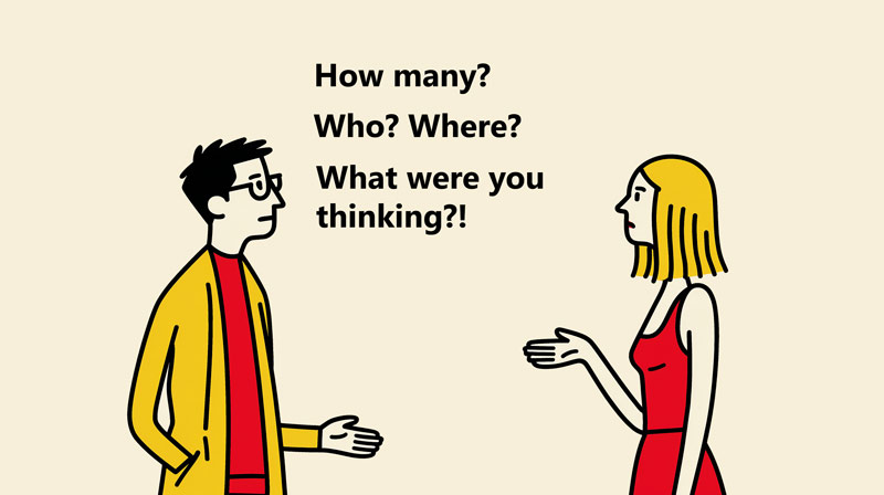 Cartoon of a man questioning his wife about her past.