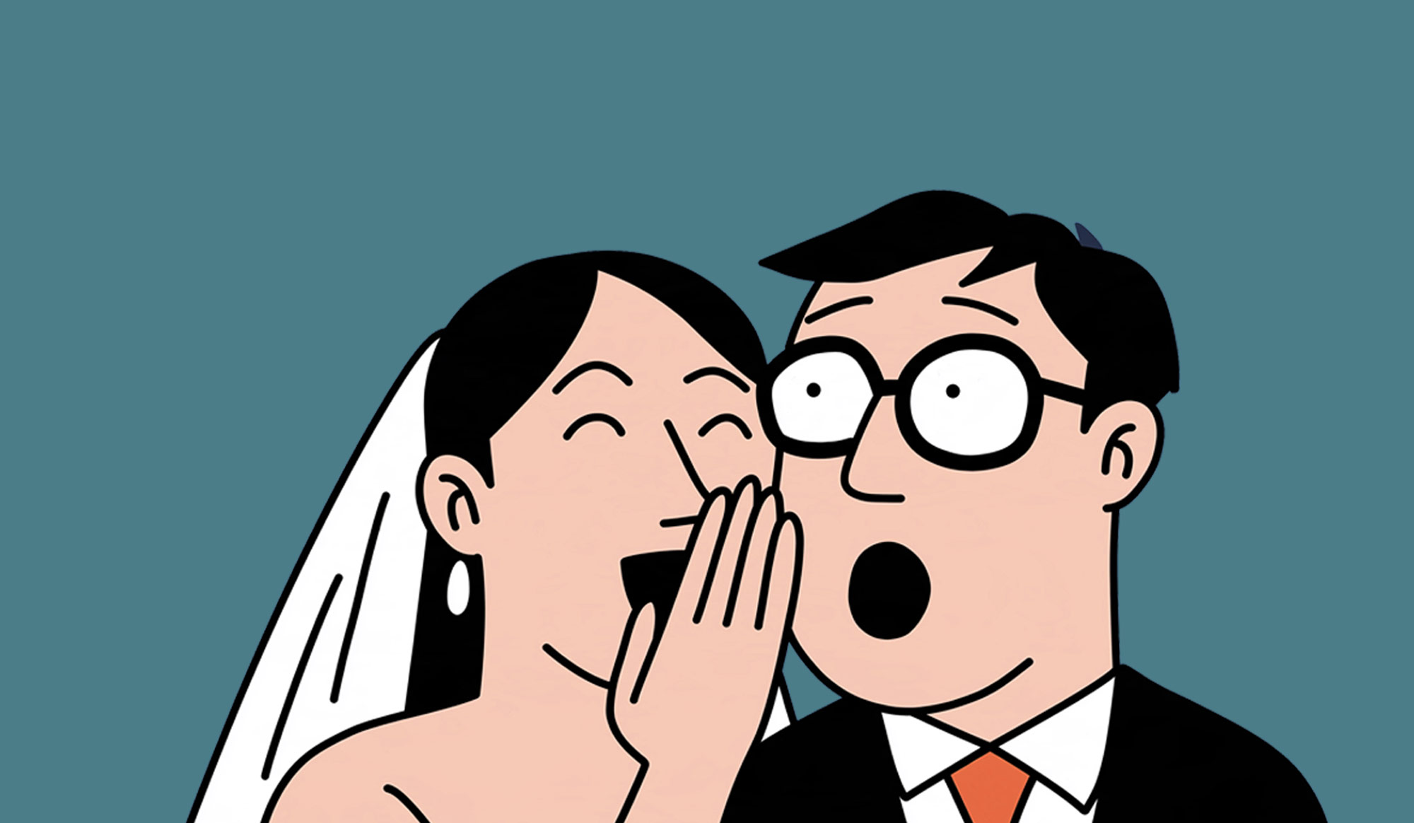 Cartoon of a bride whispering to a shocked groom